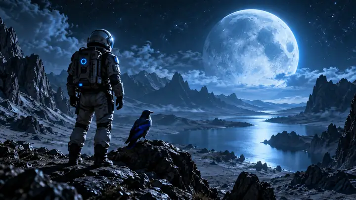 Filmischer Astronaut erkundet eine mondbeschienene Landschaft mit einem Begleitvogel